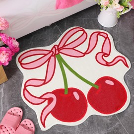 Duraaamo Cherry Bow Bathroom Rug Cute Cherry Decor for Kitchen Bath Mat 23.62" x 21.26" Pink Bow Rug Non Slip Absorbent Coquette Carpet Fruit Bathroom Decor for Living Room Home Bathtub