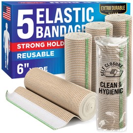 Premium Elastic Bandage Wrap - 6” (5pk) - Strong Compression - Self-Closing Reusable Bandages for Legs, Knee, Abdomen, Lymphedema - Body Wrap