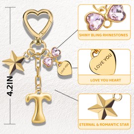 Suweibuke Gold Bubble Initial Letter Keychain, Women Girl Bags Charms Gift - Mother's Day Birthday Christmas Valentine's Gift (T-Gold Letter Pink Rhinestone)