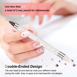 2PCS Dual-Ended Rhinestone Picker Dotting Pen, Kememo Wax Tip Pencil for Jewel Gems Crystals Studs Pickup, Manicure Nail Art DIY Decoration Tool