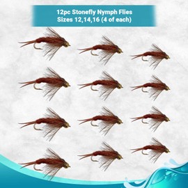 Feeder Creek Fly Fishing Flies | Bead Head and Regular Stonefly Nymph Flies | 12pc Wet Flies | Trout Flies and Bass Flies | Fly Fishing Assortment (Bead Head Brown Size 10,12,14 Combo)