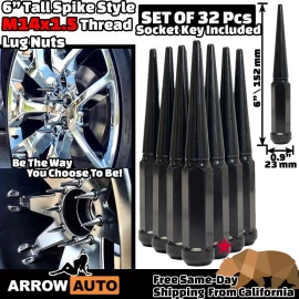 ARROW 32x 6" Extra Tall Black M14x1.5 Spike Lug Nuts & Key Fit Ram 2500 3500