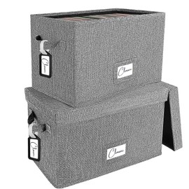 Vinyl Record Storage Box Set of 2 - for 7"/45 RPM LPs, Grey Case with Lid Holds up to 160 Albums, CD Crate Play Music Holder, File Folder Cabinet Organizer Case with Handle