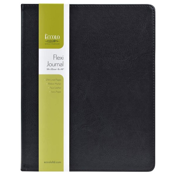 Eccolo Large Simply Black Lined Journal Notebook, Flexible Faux Leather Cover, Notebook With Lined Ivory Pages, Lay Flat, Ribbon Bookmark (Black, 8x10 Inches)