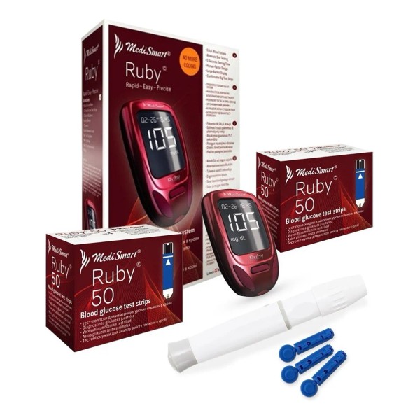 Kit Ruby Con Glucómetro, 100 Tiras, Lancetas Y Portalancetas