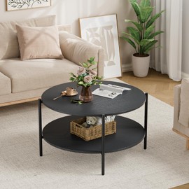 Moncot Round Coffee Table, 31" Modern Double-Layered Circular Tables, Small Coffee Table with Open Storage Shelf, Round Wood Center Table, for Living Room, Bedroom, Office, Black