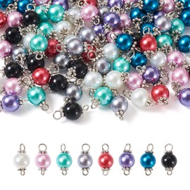 Pandahall 100Pcs Round Pearlized Glass Pearl Link Connectors 8 Colors Glass Pearl Round Bead Connector Charms Bracelet Links with Daisy Spacer Beads & Loops for Women Earring Necklace Jewelry Making