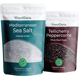Viva Doria Tellicherry Black Peppercorn, Whole Black Pepper, Black Peppercorns, 12 Oz and Mediterranean Sea Salt, Coarse Grain, 2 lb, For Grinder Refills (2 Set)