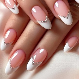 French False Nails - 24PCS French White Tip Press on Nails with Diamond - Elegant French False Nails with Glue - Glossy Full Cover Glue Stick on Nails Fake Nails - DIY Nail Art Gifts for Women Girls