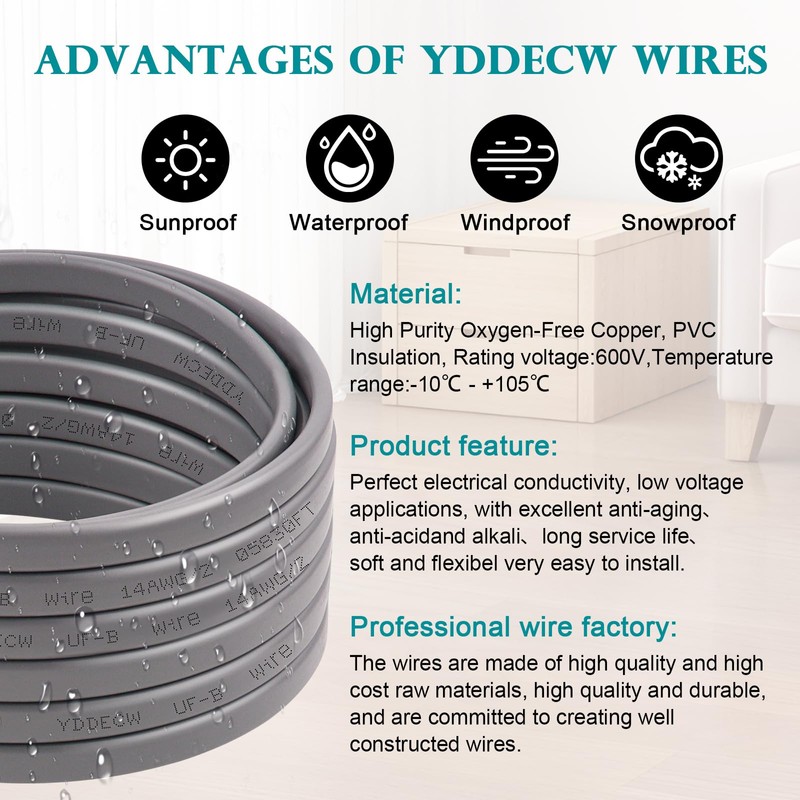 YDDECW 14/2 UF-B Wire - 150FT 100% Pure Copper 14AWG