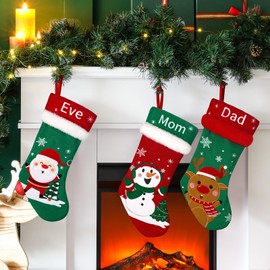 Christmas Stockings, 18" Large Christmas Stocking with Exquisite Embroidery Snowman, Santa, Reindeer, Traditional Classic Red and Green Design, Xmas Stockings for Family Christmas Holiday Decorations