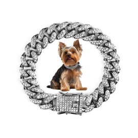 Cuban Dog Chain Collars, Silver Crystal Pet Necklace, Metal Pet Necklace with Safety Buckle Lock, for Small Medium Large Dogs Cats (8 Inch)
