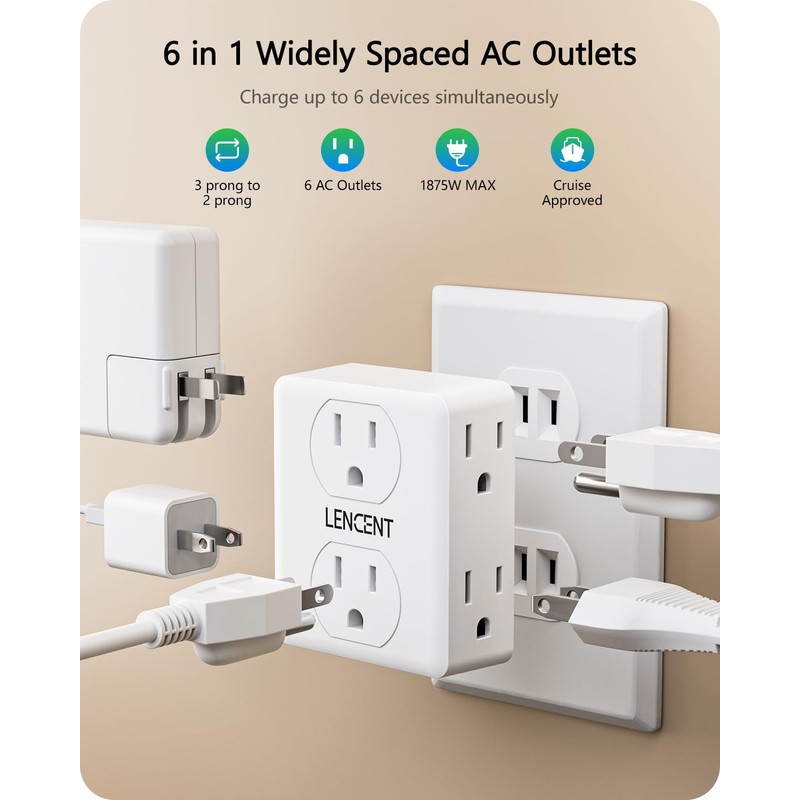LENCENT 2 to 3 Prong Outlet Adapter, 2 Pack 2