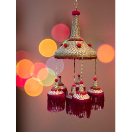 Beautiful Single Jute Jhoomer with Pink Pompom and Six Cone Tassels for Indian Festival, Indian Wedding, Mehendi, Sangeet, Pooja or Diwali Decor