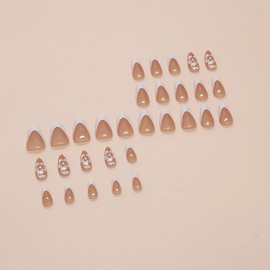 Press on Nails Short Almond Fake Nails Brown Nails Press ons Glossy Glue on Nails White French Tip Acrylic Nails Spring False Nails with Flower Designs Artificial Stick on Nails for Women for 30Pcs