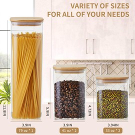 Unbreakable Glass Jars with Bamboo Lids Set of 5, Square Glass Canisters with Airtight Lids, Glass Food Storage Containers for Pasta, Cereal, Flour, Sugar, Best for Kitchen & Pantry
