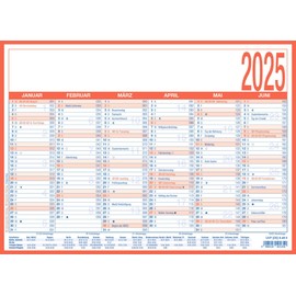 Zettler - Working Day Calendar 2025, 29 x 21 cm, Poster Calendar with 6 Months on 1 Page, Moon Phases, Work Days, Day and Week Counting, Holiday Dates and German Calendar