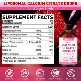Liposomal Liquid Calcium Citrate Drops 1200MG, Liquid Calcium Magnesium Zinc Supplement for Women & Kids, with Vitamin C, D3 & K2, Boron, Bone & Muscle Health, Immune & Overall Support, 2 Fl Oz