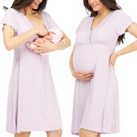 Nursing Nightdress, Birth Dress, 3-in-1 Breastfeeding, Hospital and Pregnancy, Soft and Breathable, purple