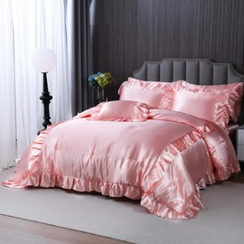 Herside Satin Comforter Set with Sheet Set King Size,8 Pieces Pink Ruffle Comforter Silk Like Satin Bedding Set,Soft Smooth Luxury Silky Quilt Set with 1 Cushion Cover All Season