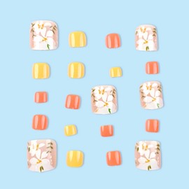 BABALAL Toe Nails Press on Square Fake Toe Nails Orange Yellow Glue on Toenails for women Flower Coquette Toe Acrylic Nails 24Pcs Summer Gel Toe Nails Supplies Manicure Toenails Diy Decoration