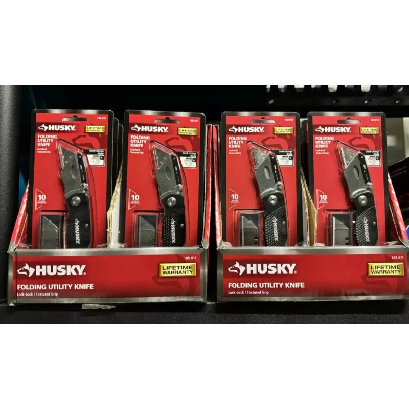 Husky Black Folding Utility Knife Lock-Back Textured Grip 10 Blades