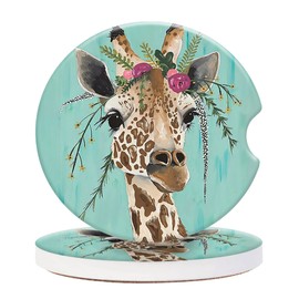 CLEVI 2 Pack Universal Ceramic Car Cute Giraffe,Ceramic Stone with A Finger Notch for Easy Removal of Car Cup Holder Coaster