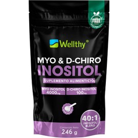 Wellthy Myo & D-Chiro Inositol en Polvo 246g. Mezcla Óptima 40:1, 4000mg Myo y 100mg D-Chiro Español, Ingredientes 100% Naturales, Gluten Free, Sugar Free, Vegan, Botlle Free