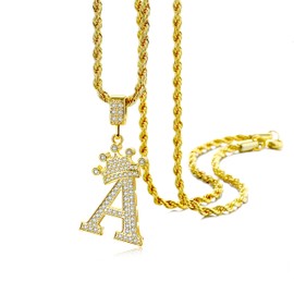 Gold Crown Initial Necklaces for Men Women Dainty Letter A Pendant Necklace, 18K Sparkly Gold Plated Crown Letter Pendant with 23 Inch Chain, Name Necklace, Dainty Letter Necklace