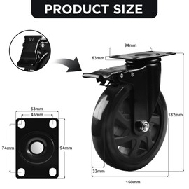 Caster Wheels, Heavy Duty 6 Inch Casters Set of 2, Locking Swivel Casters Wheels for Cart, Furniture and Workbench, Black