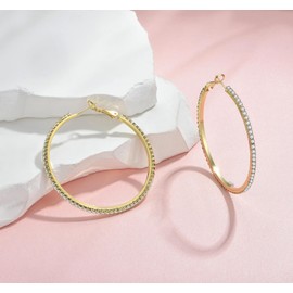 WATEFOER Large Rhinestone Hoop Earrings for Women Girls Thin Round Hoop Earrings Hypoallergenic Gold Hoop Earrings 14K Gold-Plated Earrings Jewellery Gifts 40/50/60/70 mm, Cubic Zirconia