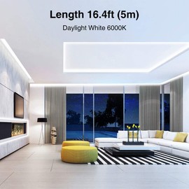 Onforu White LED Strip Lights, 16.4ft Dimmable LED Light Strip, 6000K Bright Daylight White Tape Light, 5M 12V Ribbon Light, 300 LEDs Flexible Vanity Mirror Light for Under Cabinet, Bedroom, Kitchen