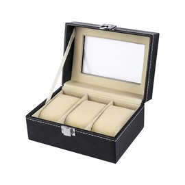 HOUSWEETY Watch Box Small 3 Slot Mens Black Leather Display Glass Top Jewelry Case Organizer Watch Storage Case Jewelry Box