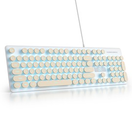surmen Cute Quiet Keyboard USB Wired Typewriter Keyboard, Light Up Backlit PC Keyboards with Retro Round Keys Full Size 104 Keys for Office Computer (Khaki)