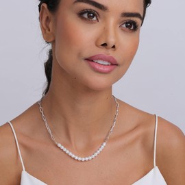 LeCalla 925 Sterling Silver Paper Clip Pearl Necklace | Paperclip Link Chain with Simulated Pearl Necklace for Women