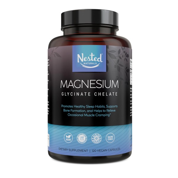 Nested Naturals Magnesium Glycinate Chelate | Magnesium Supplement for Muscle Cramps, Relaxation, & Sleep Support | 100% Chelated Albion TRACCS Buffered Magnesium Glycinate 200mg | 120 Vegan Capsules