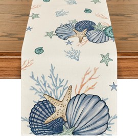 Artoid Mode Shells Starfish Coral Oceans Summer Table Runner, Seasonal Spring Kitchen Dining Table Decoration for Home Party Decor 40x240 cm