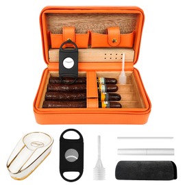 Cigar Case,Travel Cigar Humidor Box Set Cigar Cutter Ashtray Cleaning Pen Towel Humidifier Dropper etc Cigar Accessories, Perfect for Women Men Portable Outdoor Travel Humidor (Orange)