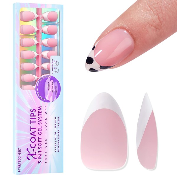 BTArtbox Short Almond Nail Tips, Pack of 150 French Nails Almond Soft Gel Nails Tips, 3 in 1 x Coat Tips with Tip Primer & Base Coat Cover, No Need to File Short French Press On Nails, 15 Sizes, Pink