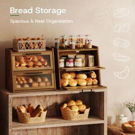 kiplant Bread Box for Kitchen Countertop - Acacia Wood, Wavy Acrylic Door, 2-Layer Bread Storage Container, Large Bread Holder