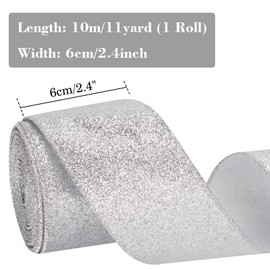 KINGLAKE 10 m Gift Ribbon with Wire Silver, Wire Ribbon Shiny 6 cm, Christmas Ribbon, Decorative Ribbon for Gift Packaging, Wreath, Crafts, Christmas and Wedding