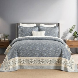 CozyStitch Floral Bedspread 128"x120" California King Bedspread, 100% Cotton XL Oversized King Quilt with 2 Pillowshams, Lightweight Botanical Quilted Bedspreads Coverlet Set, Blue/Gray/Beige, 3 Pcs
