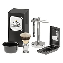 Mamba Shave Set de Rasurado 6 en 1. Set de Afeitado con Rastrillo Vintage de Acero Inoxidable, 5 Navajas de Afeitar, Brocha para Espumar, Soporte y Ta