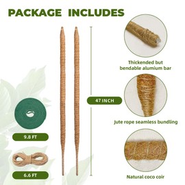 Jabrand 2pcs 47 Inch Moss Pole, Monstera Plant Support Bendable Handmade Coco Coir Sticks Plant Stakes for Climbing Plants Potted Indoor Plant