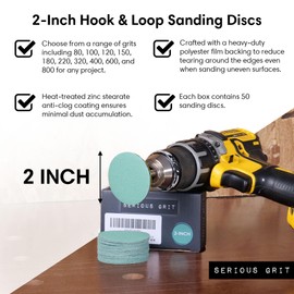 Serious Grit - 2-Inch 800 Grit Sanding Discs - Heavy-Duty Hook & Loop Film Discs - Sandpaper for Woodturning and DA Sanders - 50 Pack Box