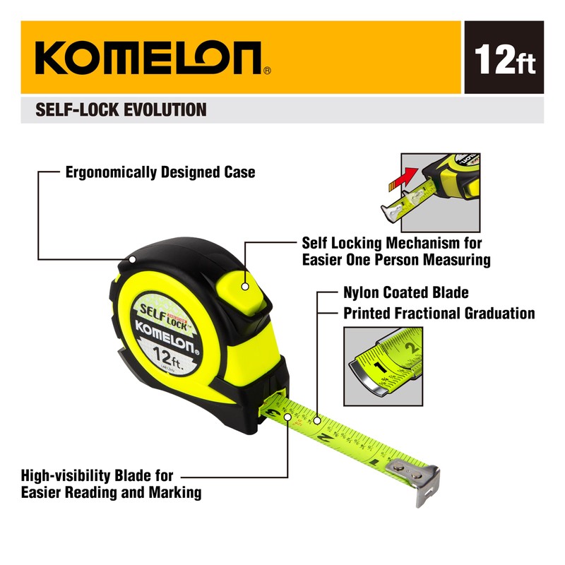 Komelon 12' Self Lock Hi-Vis Speedmark Tape Measure