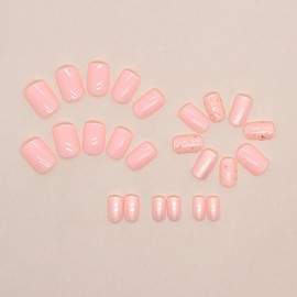 yqswstl Press on Nails Short Square Stick on Nails Cute Pink Fake Nails Pink Glitter Design Glue on Nails Acrylic 24 Pcs False Nails for Women Girls…
