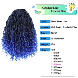 8 Packs Blue Curly Faux Locs Crochet Hair 10 Inch Short Goddess Locs Crochet Hair Omber River Locs Crochet Briads Hippie Locs Boho Style Hair Extensions (T1B/Blue#)