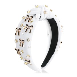 MOSOTECH Coquette Bow Headband for Women, Rhinestone Crystal Pearl Embellished Wide Top Knotted Headband, Fashion Non Slip Preppy Trendy Hairband Hair Accessories Gift for Girls (White)