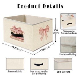 JWVK Coquette Pink Bow Book Storage Bins, Preppy Aesthetic Bookish Collapsible Fabric Storage Basket Organizer for Clothes Toys Books Girls Room Dorm Bedroom